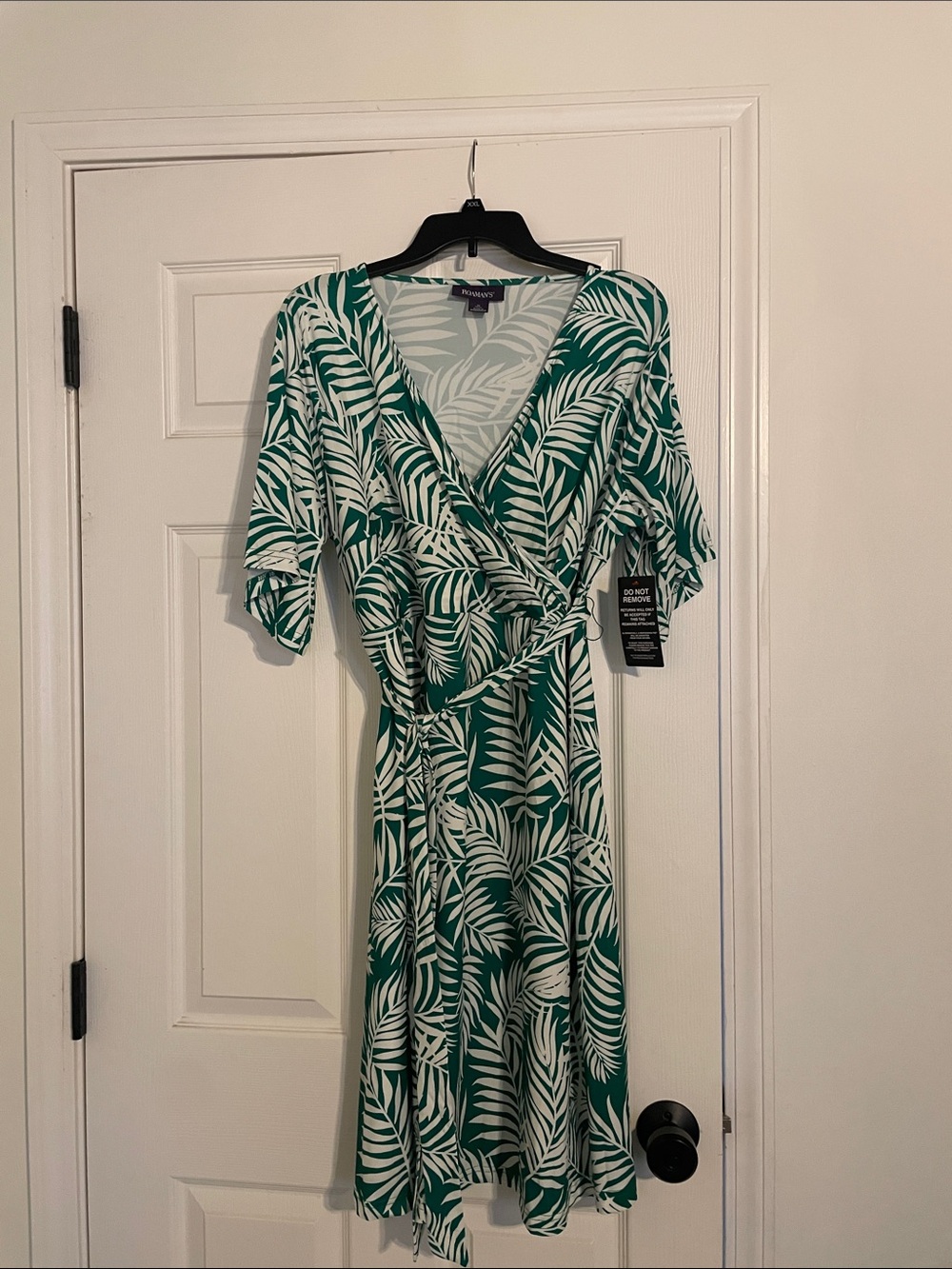 Roaman's Green & White Palm-Print Wrap Midi Dress